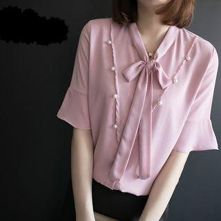 Faux Pearl Tie-neck Short-sleeve Chiffon Blouse