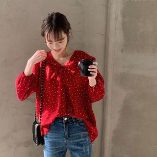 Dotted Collared Blouse Red - One Size