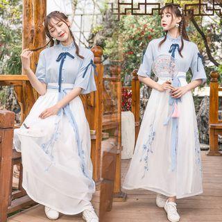 Hanfu Elbow-sleeve Shirt / Maxi A-line Skirt / Set