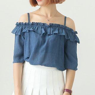 Frilled Open Shoulder Elbow-sleeve Top
