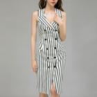 Striped Sleeveless Double-breasted Sheath Dress