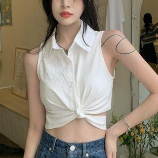 Sleeveless Collar Twisted Crop Top White - One Size