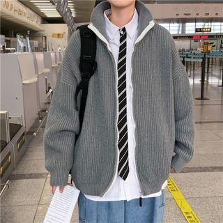 Long-sleeve Mock-neck Plain Cardigan