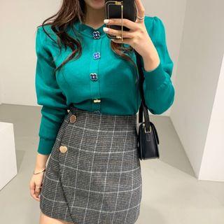 Buttoned Knit Top / Mini Plaid Sheath Skirt