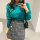 Buttoned Knit Top / Mini Plaid Sheath Skirt