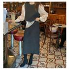 Lantern-sleeve Blouse / Knit Vest / Midi Straight-fit Skirt