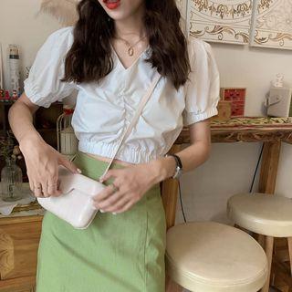 Plain V-neck Short-sleeve Crop Top