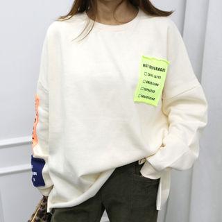 Letter-patched Slit-side Oversized Pullover