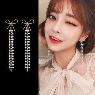 Alloy Bow Faux Pearl Fringed Earring 1 Pair - Silver Needle - Bow - Gold - One Size