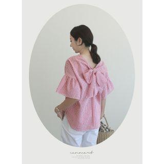 Bell-sleeve Bow-back Gingham Blouse