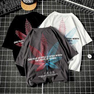 Lettering Printed Elbow-sleeve T-shirt