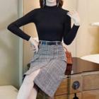 Set: Long-sleeve Mock-neck Knit Top + Plaid Midi A-line Skirt