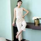Mock Two Piece Sleeveless Straight Cut Jumpsuit
