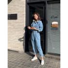 Tab-waist Denim Baggy Jumpsuit Blue - One Size