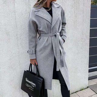 Herringbone Tie-waist Open Front Long Coat