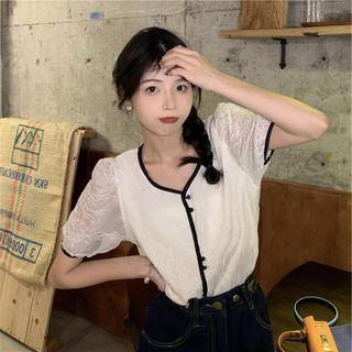 Puff-sleeve Lace Panel Contrast Trim Blouse