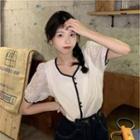Puff-sleeve Lace Panel Contrast Trim Blouse