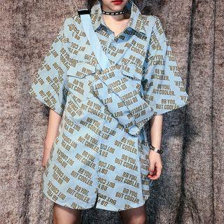 Set: Elbow-sleeve Lettering Shirt + Lettering Crossbody Bag