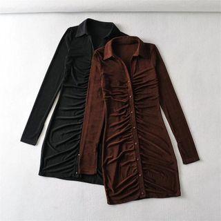 Long-sleeve Collared Shirred Sheath Dress