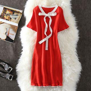 Short-sleeve Tie-neck Knit Mini A-line Dress