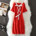 Short-sleeve Tie-neck Knit Mini A-line Dress