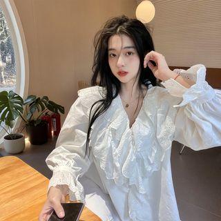Bell-sleeve Plain Layered Blouse Dress - One Size