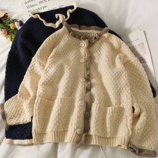 Contrasted Ruffle-trim Loose Cardigan