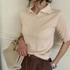 Lettuce-edge Collared Knit Top Light Beige - One Size