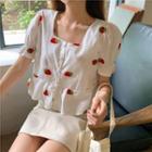 Square-neck Strawberry Embroidered Short-sleeve Blouse As Shown In Figure - One Size