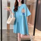 Short-sleeve Cartoon Print Shirred Tunic T-shirt