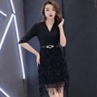 Elbow-sleeve Sequined Feathered Mini Party Dress