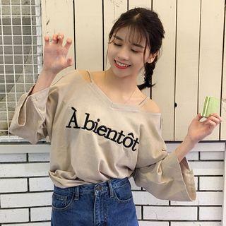 3/4-sleeve Lettering Off Shoulder T-shirt