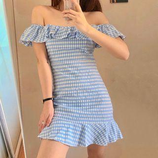 Ruffle Trim Plaid A-line Dress