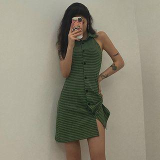 Sleeveless Striped Polo-neck A-line Dress