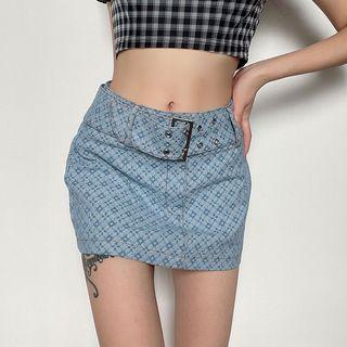 Print High Waist Belted Miniskirt