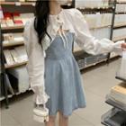 Long-sleeve Frill Trim Crop Top / Spaghetti Strap Denim A-line Dress