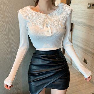 Long-sleeve Lace-panel Plain Top