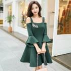 Cutout-shoulder Applique A-line Dress