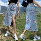 Floral Slit Denim Midi A-line Skirt