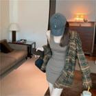 Plaid Long-sleeve Shirt / U-neck Plain Skinny Dress