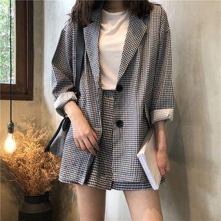 Set: Plaid Blazer + Wide-leg Shorts As Shown In Figure - One Size