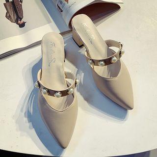 Faux Pearl Accent Block Heel Mules