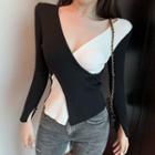 Color-block V-neck Long-sleeve Slim-fit Knit Top As Figure - One Size