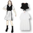 Collared Short-sleeve Midi A-line Dress / Strappy Cropped Vest