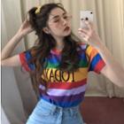 Short-sleeve Rainbow Stripe Letter T-shirt As Shown In Figure - One Size
