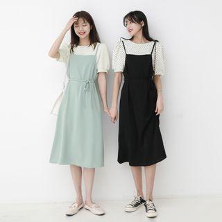 Set: Short-sleeve Dotted Blouse + Spaghetti Strap Midi Dress