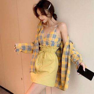 Long-sleeve Plaid Shirt / Plaid Camisole / Mini A-line Skirt