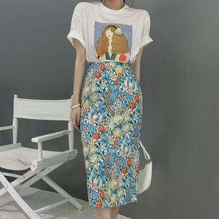 Elbow-sleeve Print T-shirt / Floral Print Midi Pencil Skirt