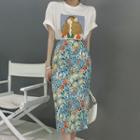 Elbow-sleeve Print T-shirt / Floral Print Midi Pencil Skirt