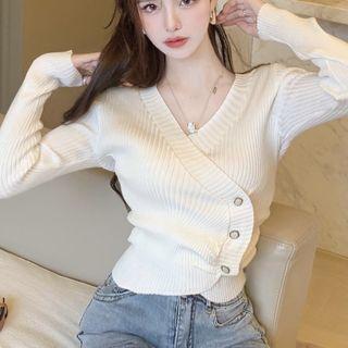 V-neck Asymmetrical Knit Sweater White - One Size